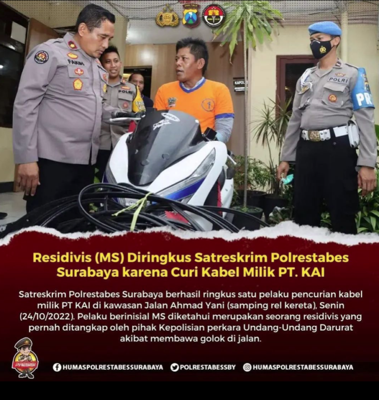 Satreskrim Polrestabes Surabaya Berhasil Bekuk Residivis Pencurian Kabel Milik PT KAI Satreskrim Polrestabes Surabaya Berhasil Bekuk Residivis Pencurian Kabel Milik PT KAI