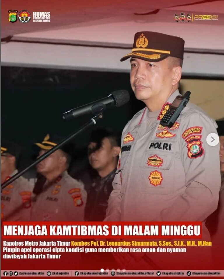 Kapolres Metro Jaktim Kombes Pol. Dr. Leonardus Simarmata, S. Sos., S.I.K., M.H., M.Han Pimpin Apel Cipkon 2023