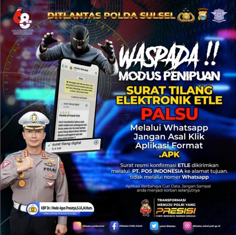 Waspada modus penipuan! Surat tilang elektronik ETLE palsu melalui whatsapp Dan APK